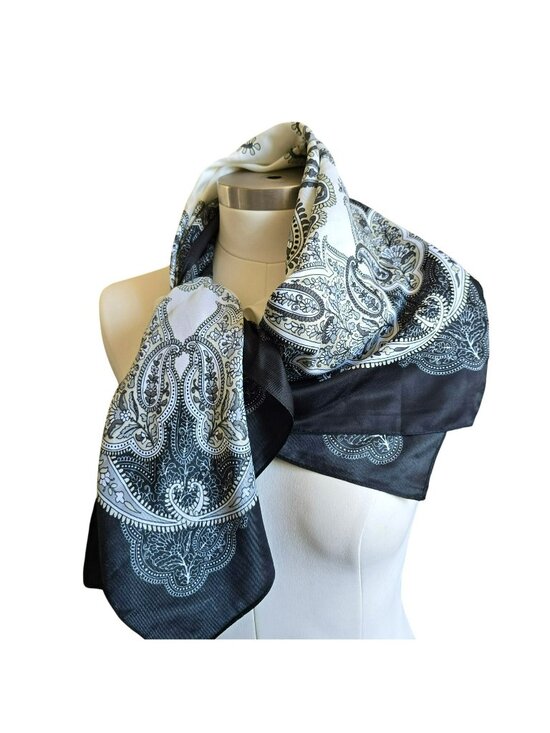 George Accessories - Y2K Black & White Paisley Print Scarf Workwear Accessory Polyester Square JJ4371